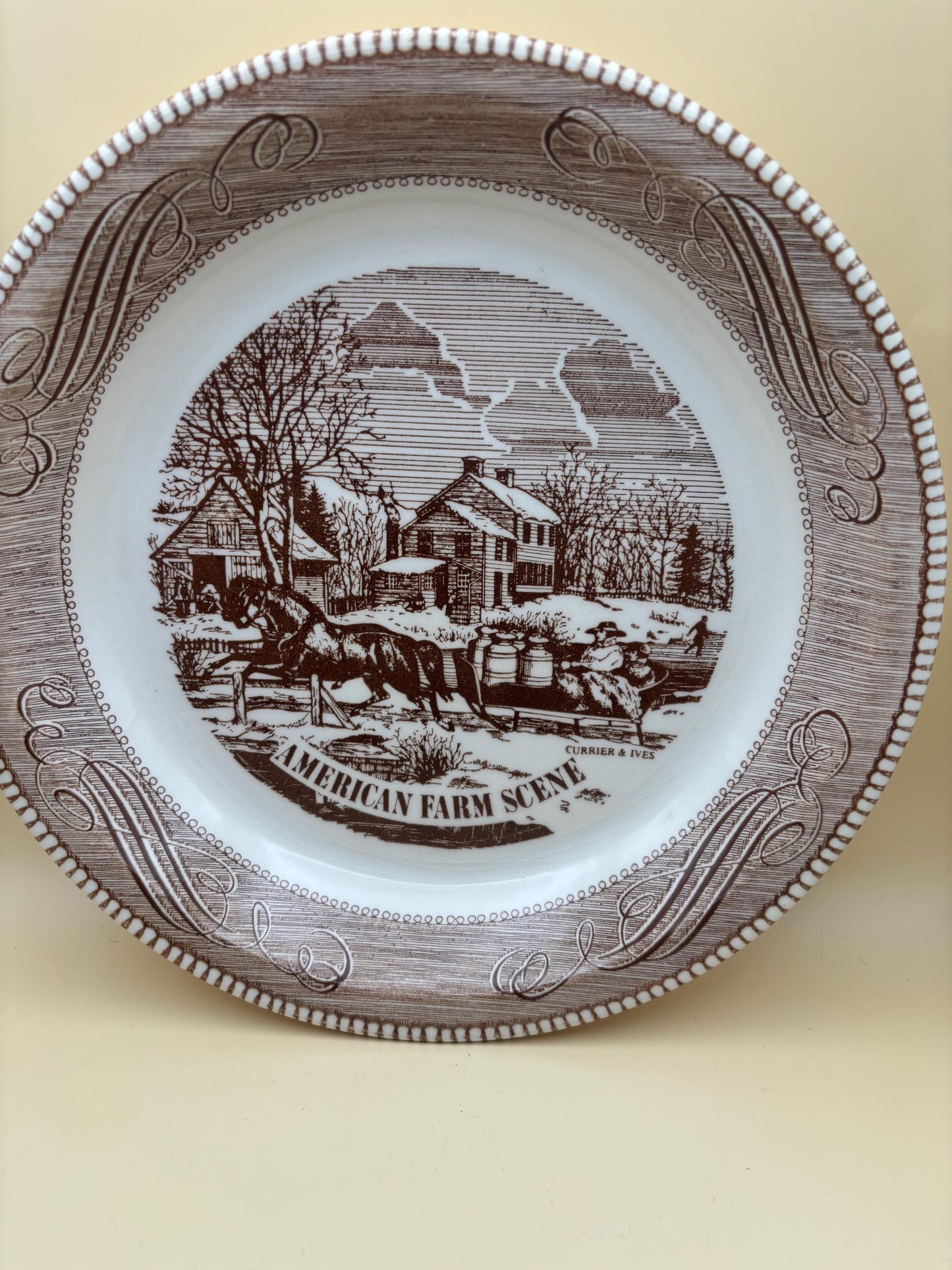 Jeanette Pie Plate, Royal China Farm Scene Brown Ironstone 10-inch Vintage American Farmhouse Pie Dish Antique Gift for Her