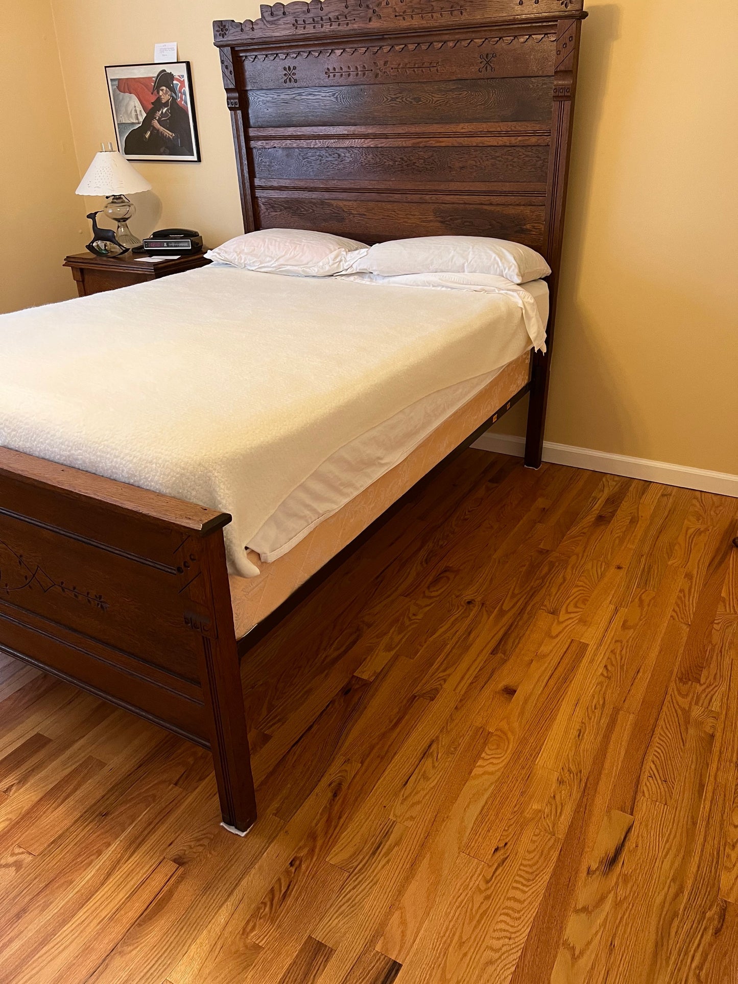 Antique Carved Oak Wood Full Size Bed Headboard, Footboard