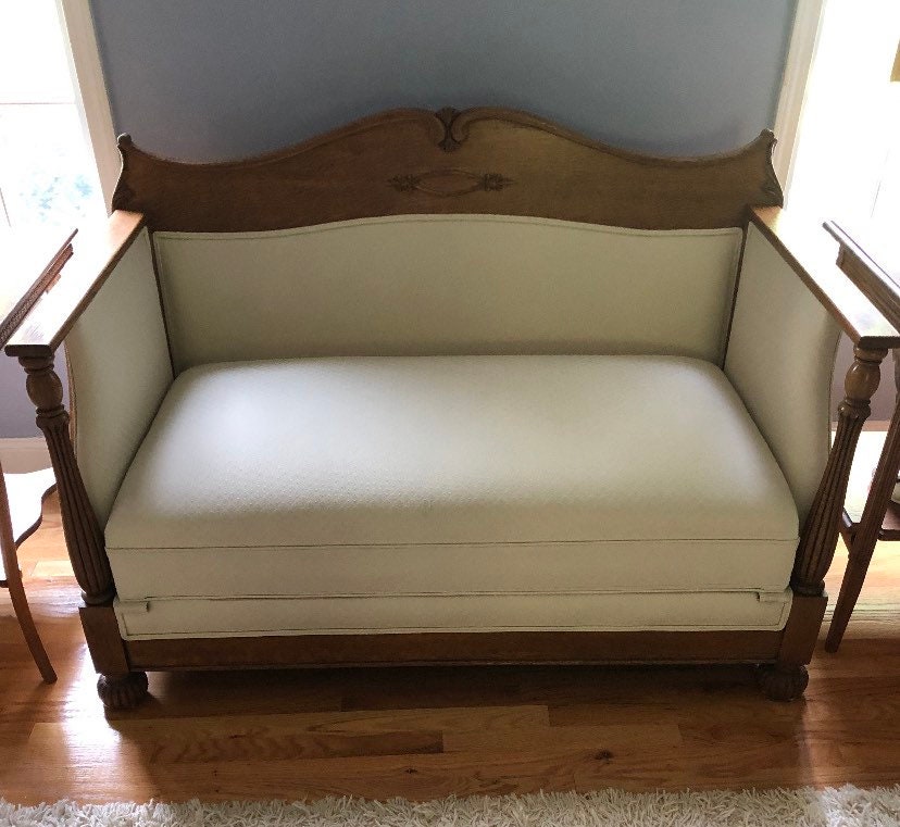 Antique Oak Carved Cream Loveseat with Pull Out Trundle Bed Lover Antiques and Vintage