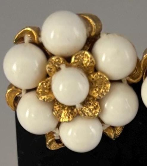 Vintage White & Gold Cluster Clip On Earrings Lover Antiques and Vintage