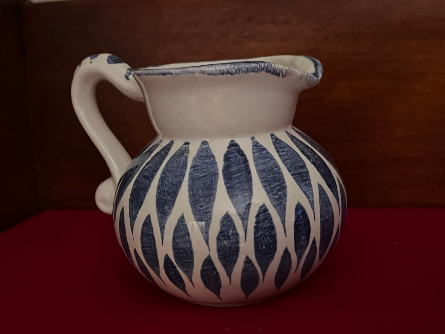 Ceramic Mini Pitcher with Blue Lattice Design, Mid Century Polka Dot Jug, Home Decor, Gift for Her