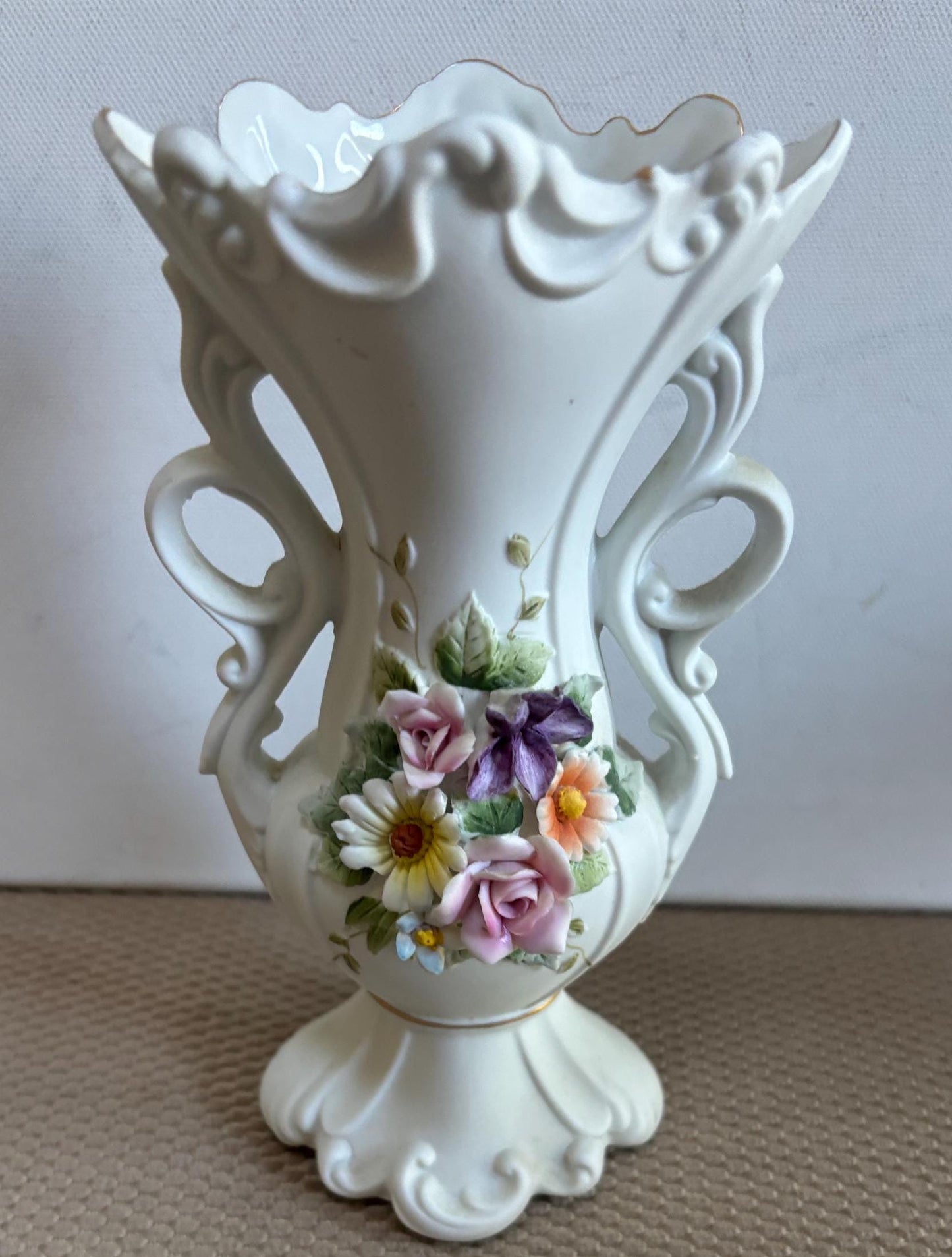 Vintage Lefton Vase with Double Handles Capodimonte Roses Hand Painted Porcelain Statue Number KW9209 Lover Antiques and Vintage