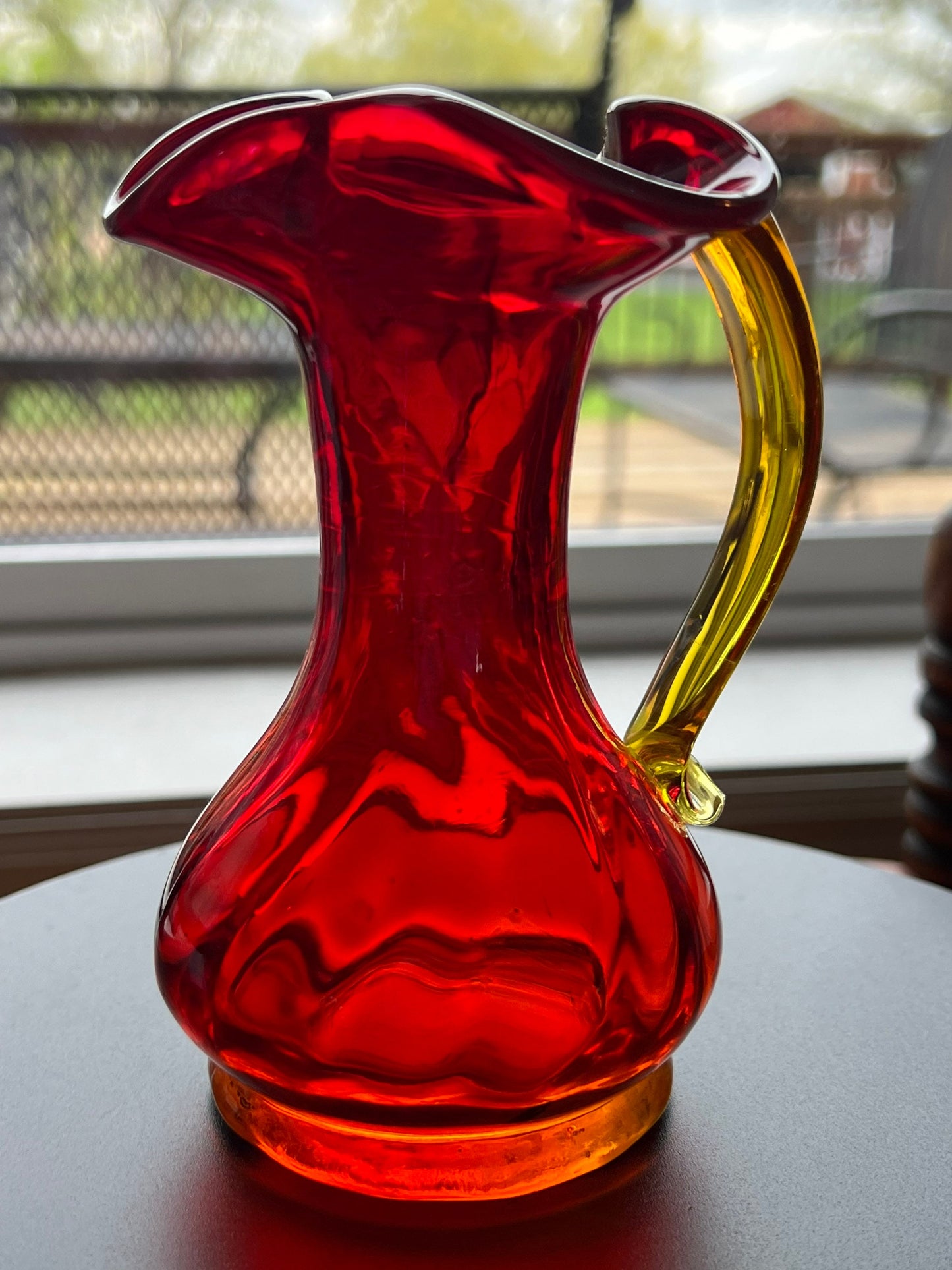 Vintage Kanawha Amberina Glass Pitcher: Red & Yellow Bud Vase, 5”