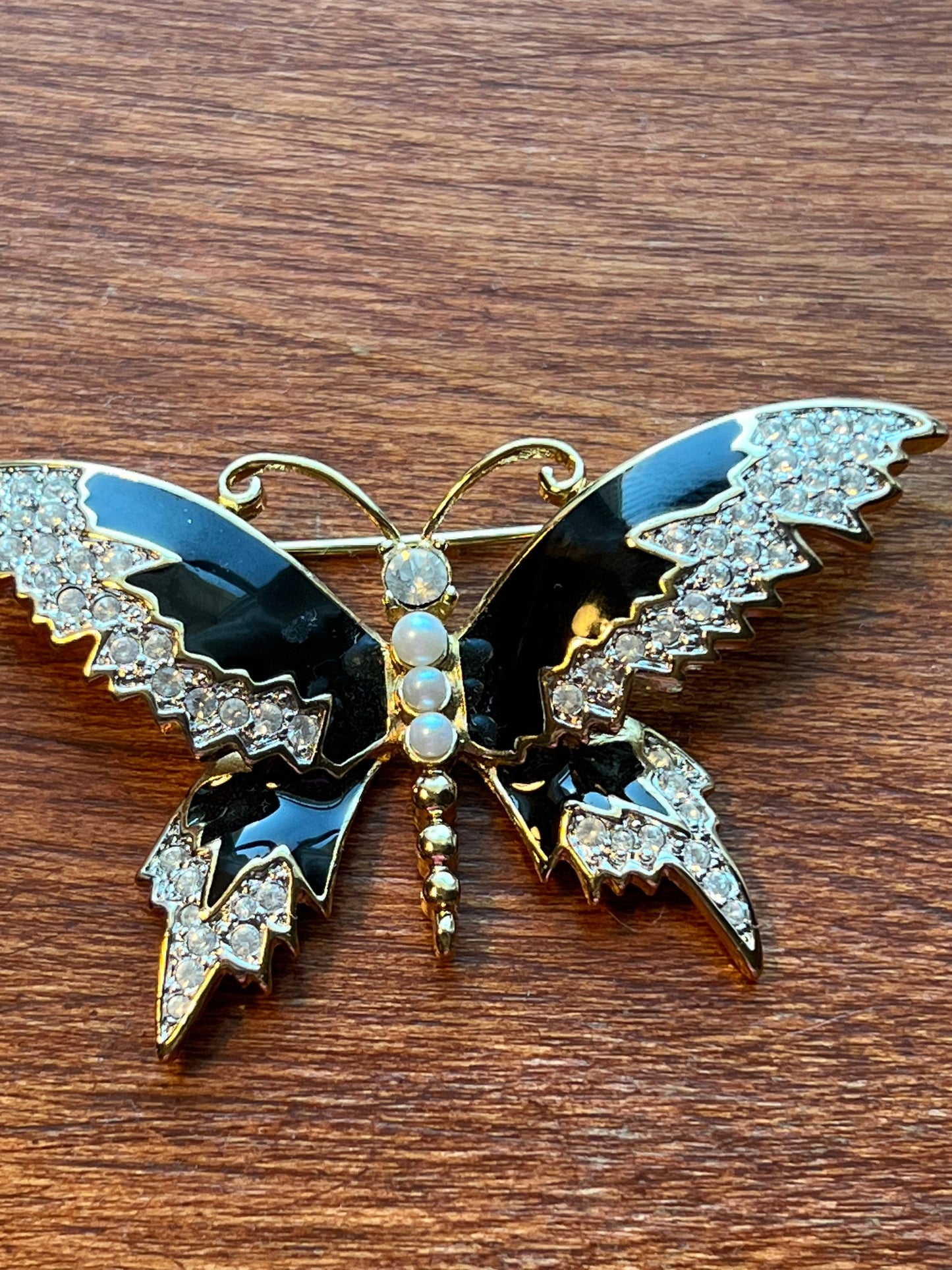 Vintage Butterfly Brooch, Black, Gold Tone, Gem Accents