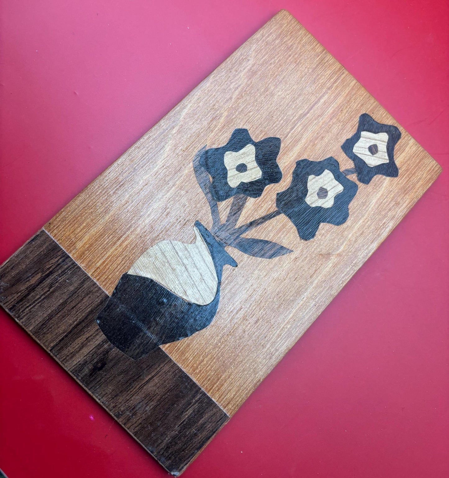 Handmade Flower Marquetry Wood Inlay Art Wall Hanging, Several Distinct Wood Tones
