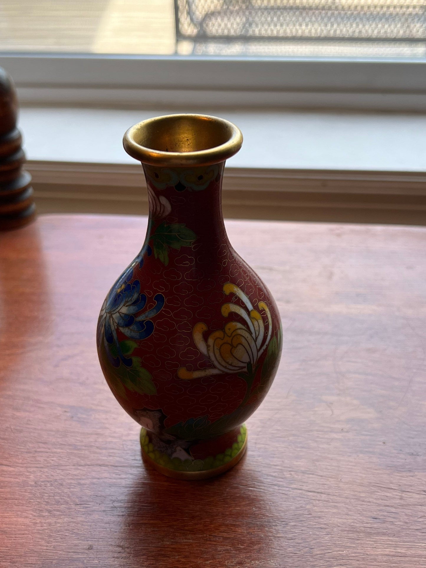 Vintage Cloisonné Vase brass and painted enamel 6” Red Green Blue Pink Flowers Lover Antiques and Vintage