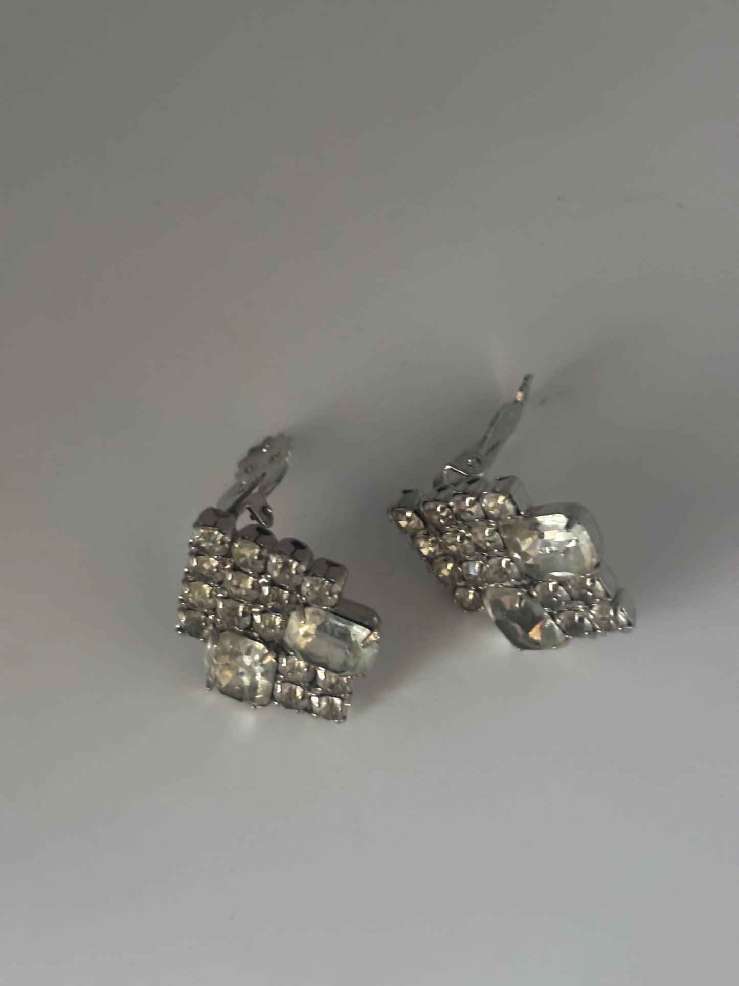 Silver Rhinestone Sparkling Clip On Earrings, Art Deco Jewelry