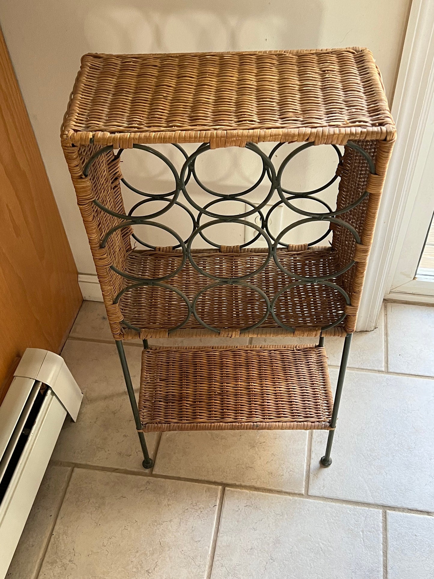 Vintage Wicker and Metal Wine Rack - 9 Bottle Holder