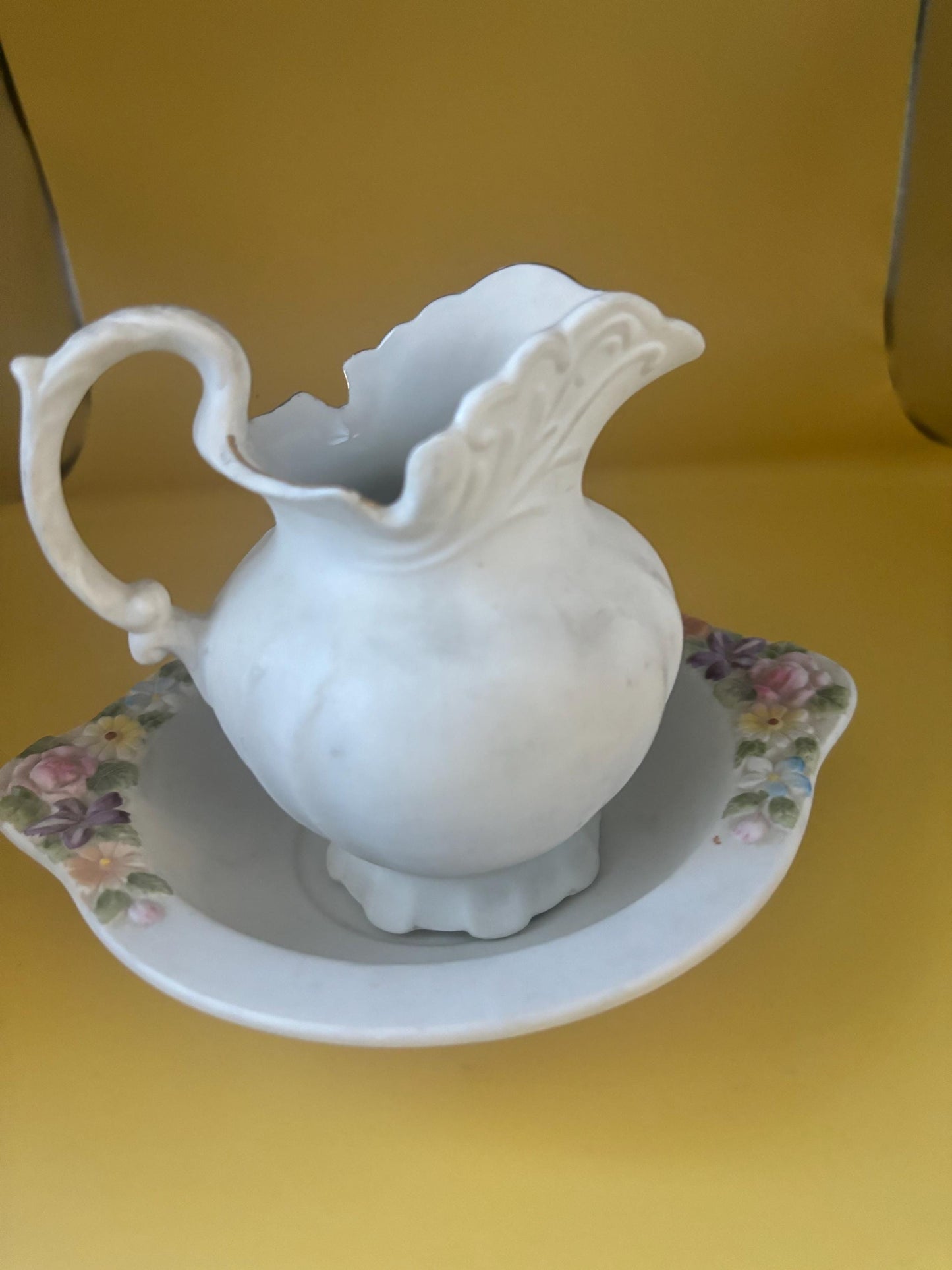 Vintage Lefton Pitcher and Plate Hand Painted Porcelain Figurines Japanese Lover Antiques and Vintage