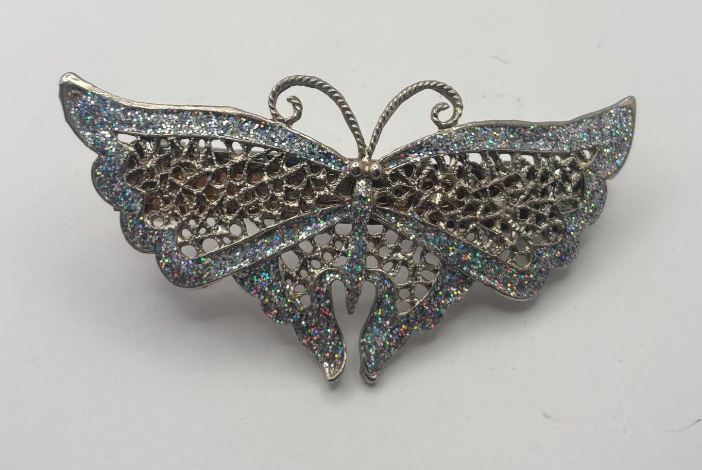 Elegant Butterfly Hair Clip, Butterfly Barrette Circa 1940's, French Silver Glass Stones