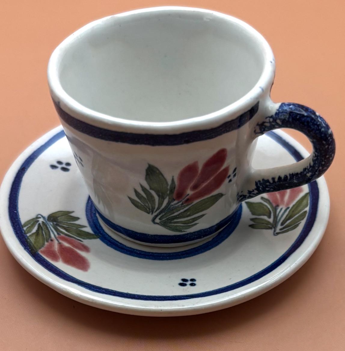 Antique Henriot Quimper Pottery Tea Cup and Saucer Made in France Number 102 Flower Motif Blue and Rose Lover Antiques