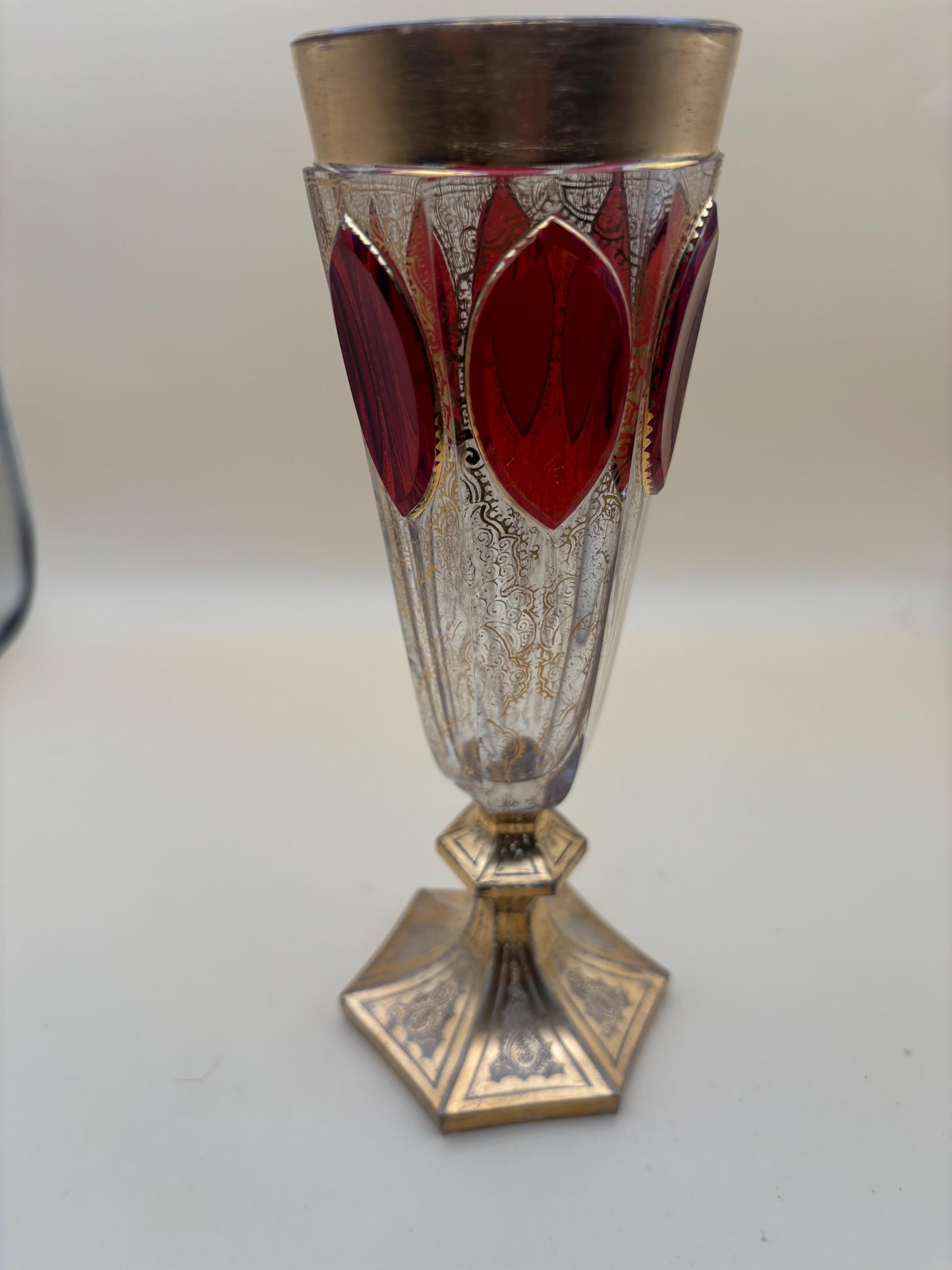 Antique Bohemian Cranberry Cut Cabochon Tall Vase with Gold Gilding Lover Antiques and Vintage