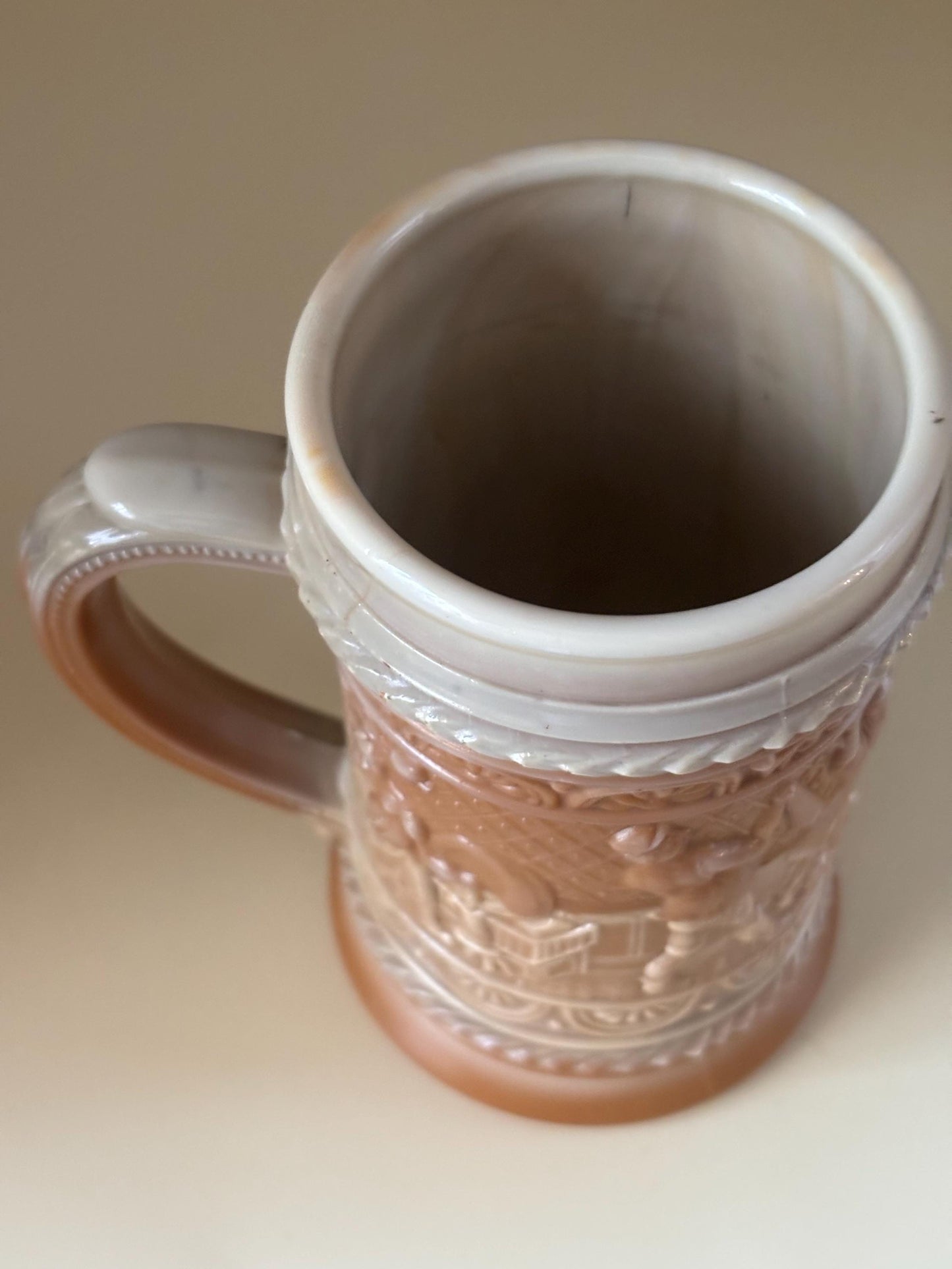 Antique Greentown Chocolate Glass Indoor Drinking Scene Pattern Stein, Lover Antiques and Vintage