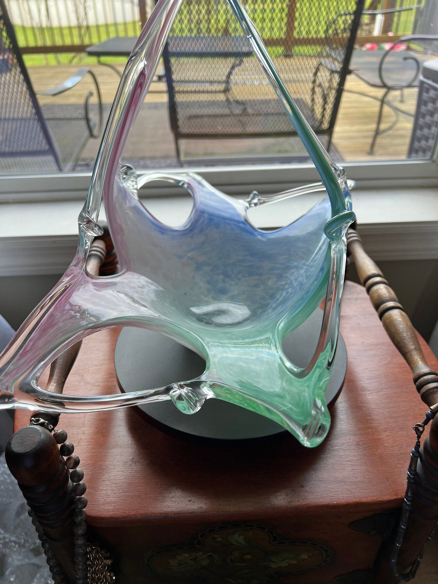 Vintage Lavorazione Murano Art Glass Bowl: Large Blown Glass Basket, Blue Pink Green