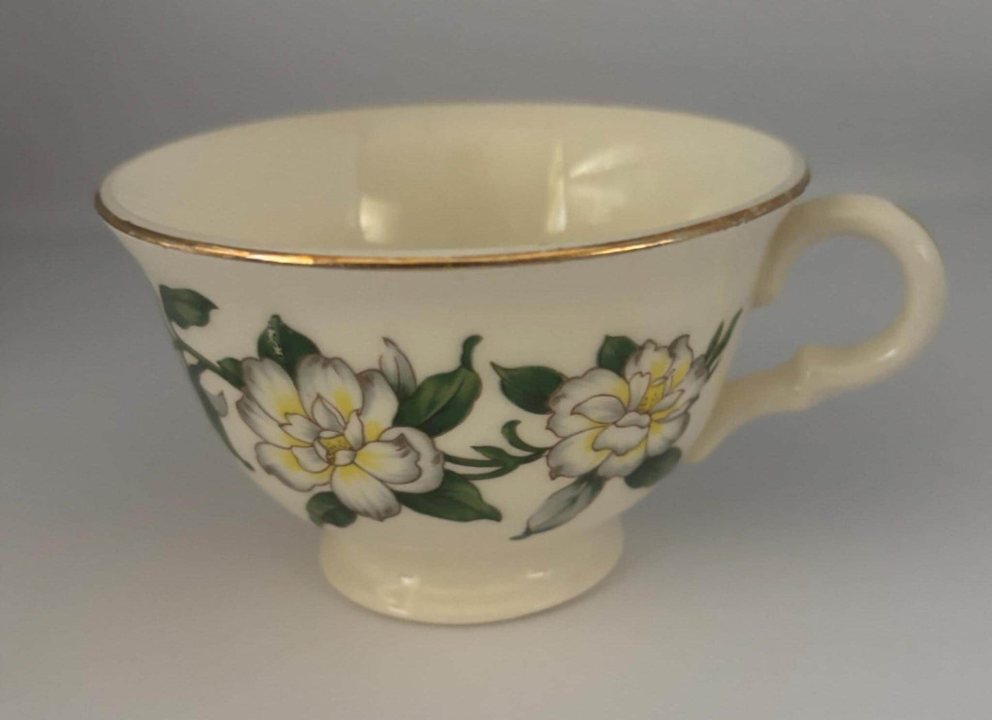 Homer Laughlin Eggshell Georgian Cotillion Teacup with Gold Trim, White Floral Magnolia Pattern