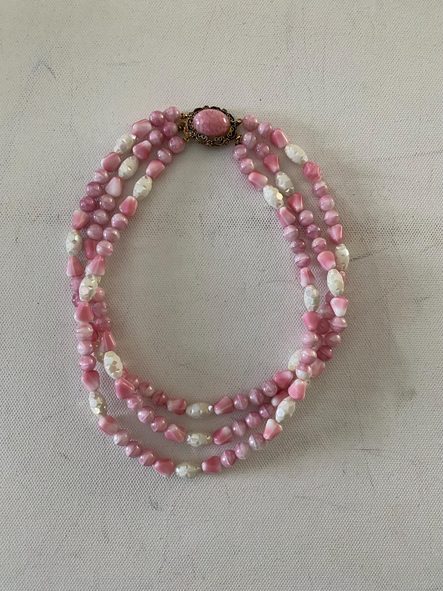 Vintage Pink & White Beaded Multi Strand Necklace