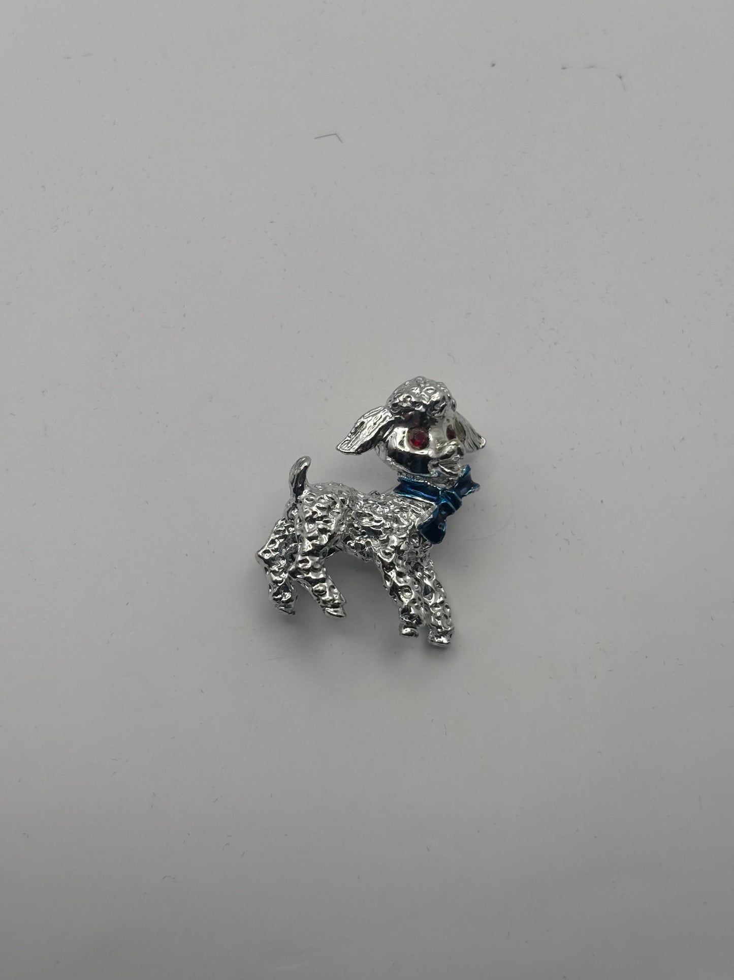 Silver Lamb Pin with Red Rhinestone Eyes and Blue Bow, Little Lambie Pin