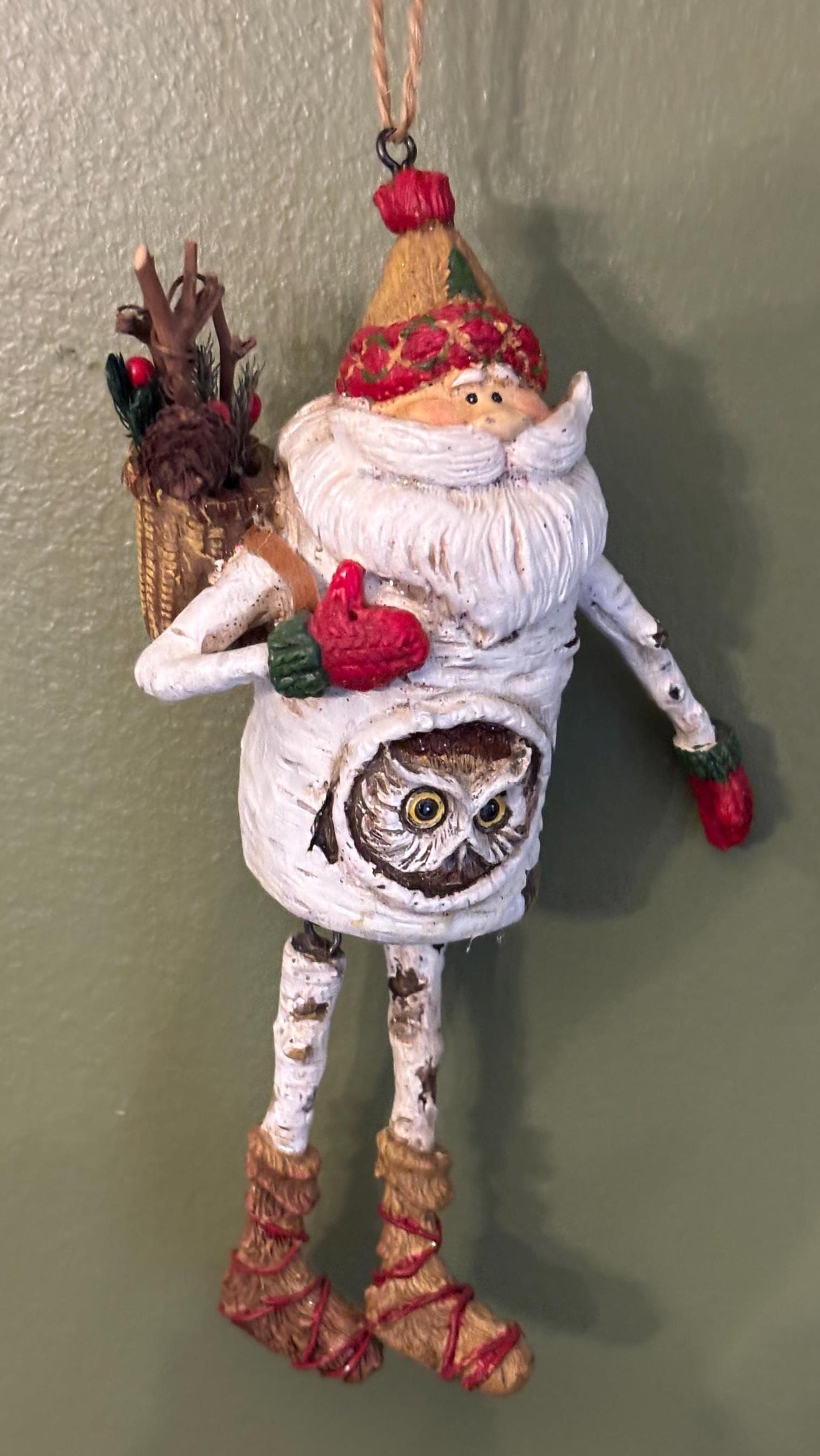 Vintage Santa Claus with Owl Hanging Ornament Figurine Christmas Ornaments Old St. Nicholas St. Nick Vintage Art Dangling Legs