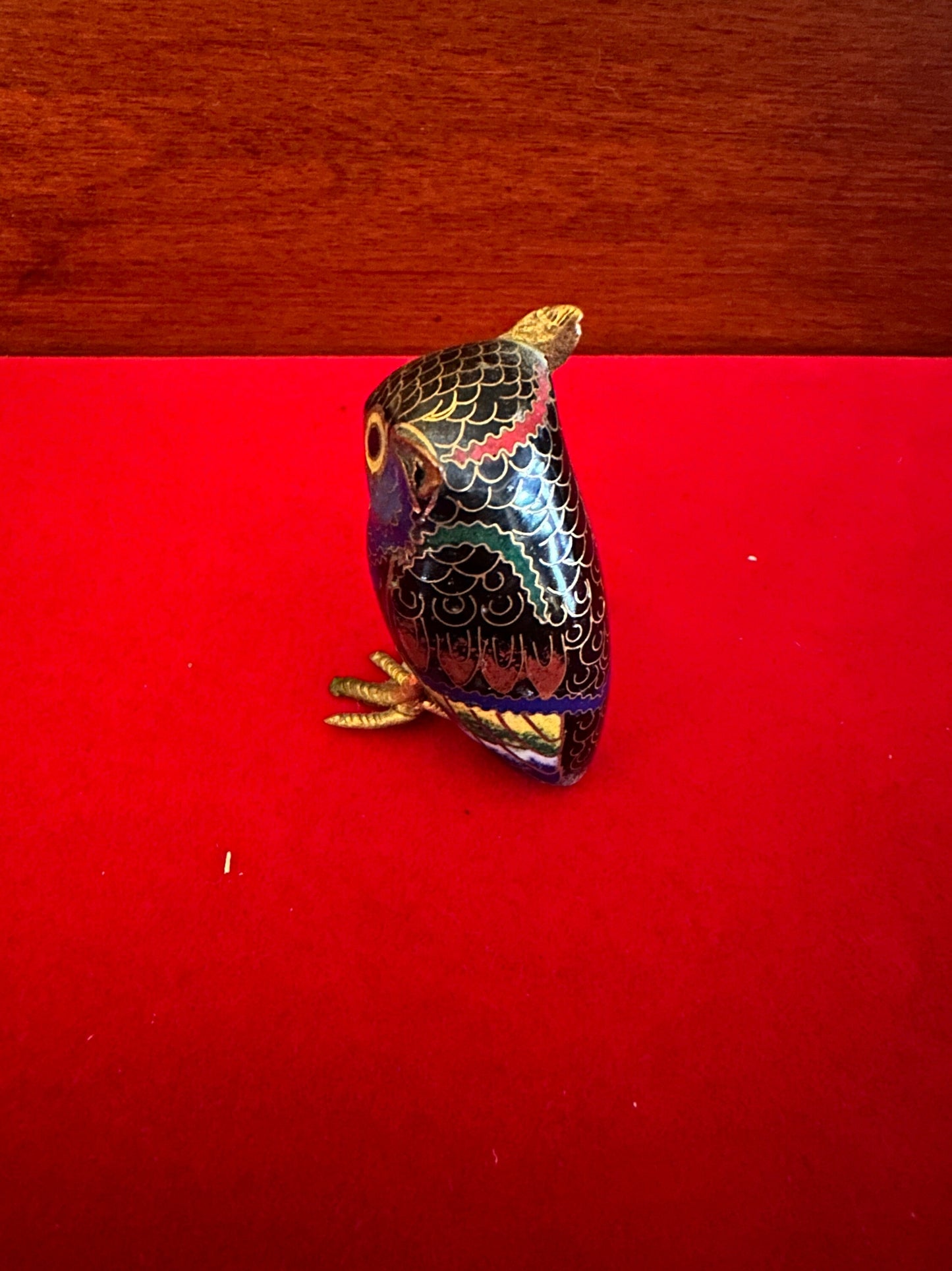 Antique Cloisonné Enamel Brass Owl Figurine: Cobalt Blue Decor