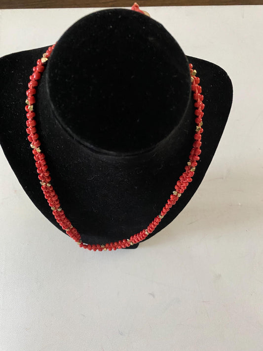 Vintage Red Bead Necklace: Gold Accent Jewelry