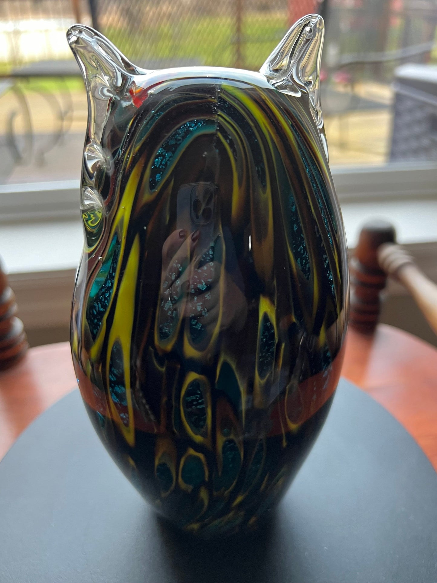 Vintage Murano Style Art Glass Owl Figurine: Blue, Red, and Gold Sculpture