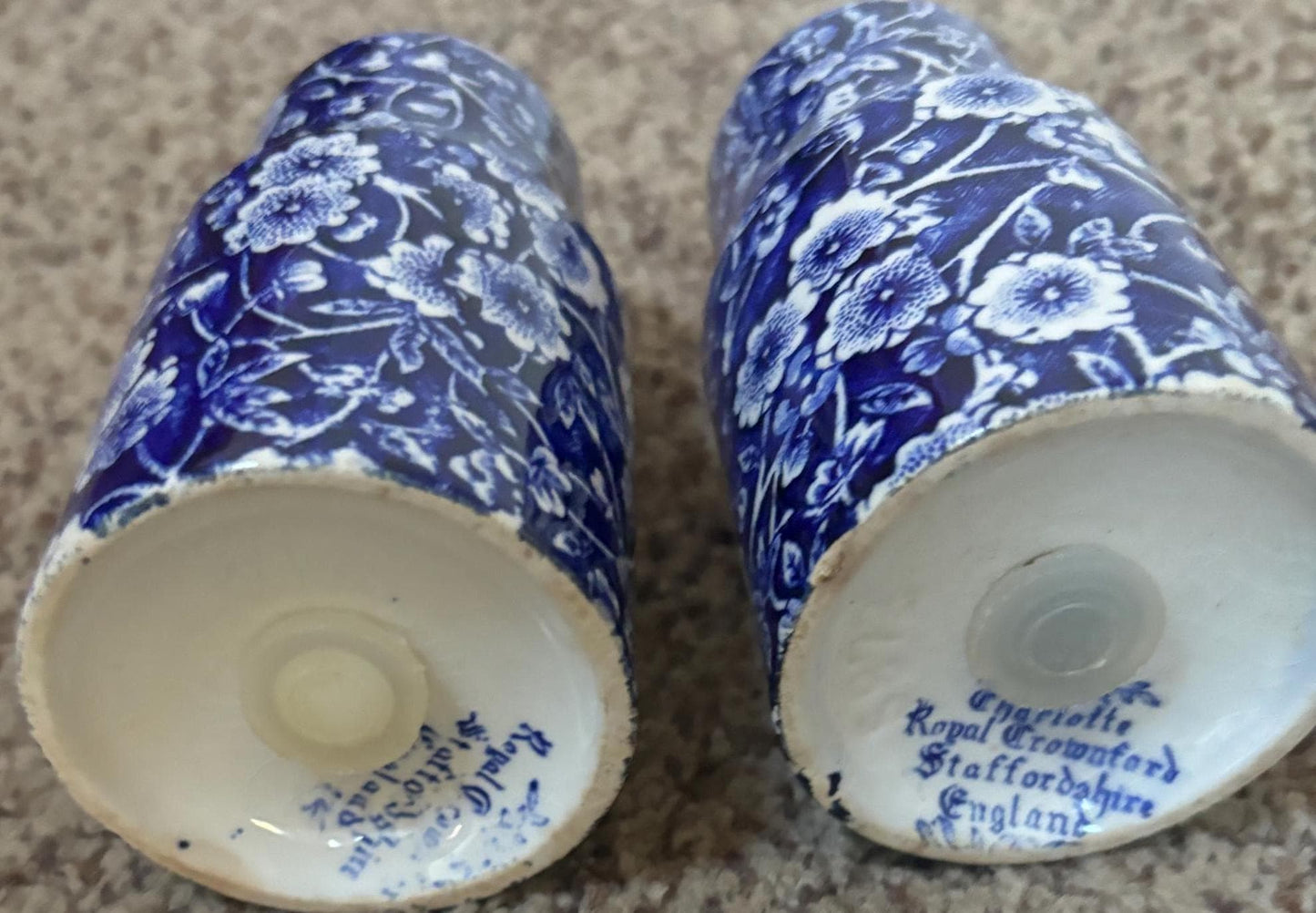 Vintage Salt & Pepper Shakers CALICO Blue Flower Royal Crownford Ironstone England Blue White Floral Transferware Burleigh Lover Antiques