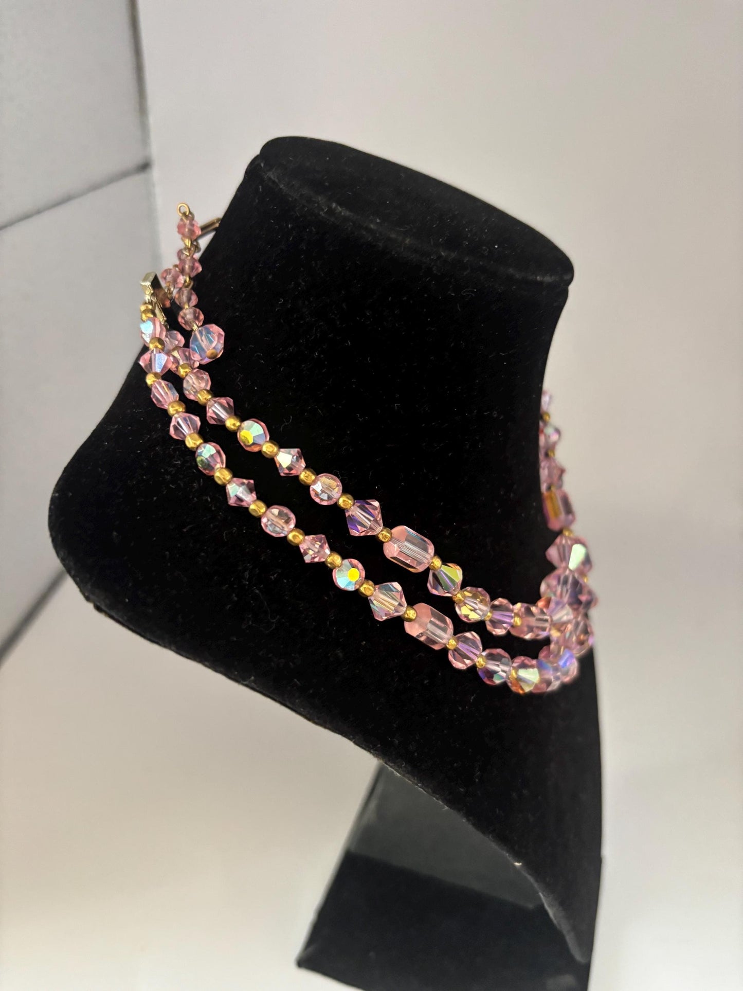 Vintage Pink Aurora Borealis Style Crystals & Gold Necklace Fringe Jewelry Lover Antiques and Vintage