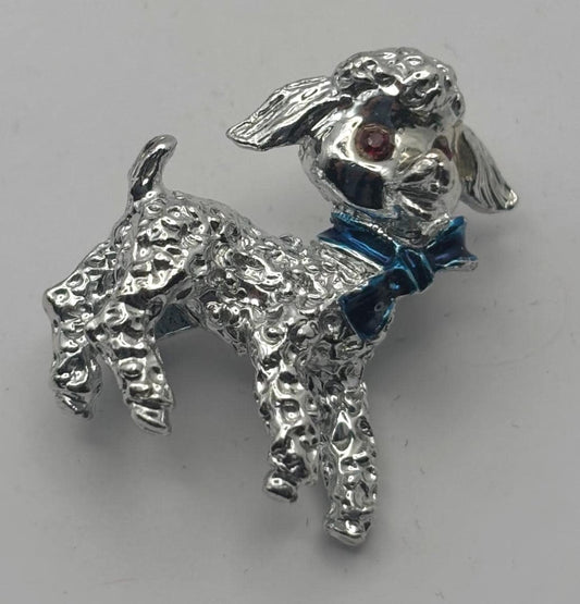 Silver Lamb Pin with Red Rhinestone Eyes and Blue Bow, Little Lambie Pin