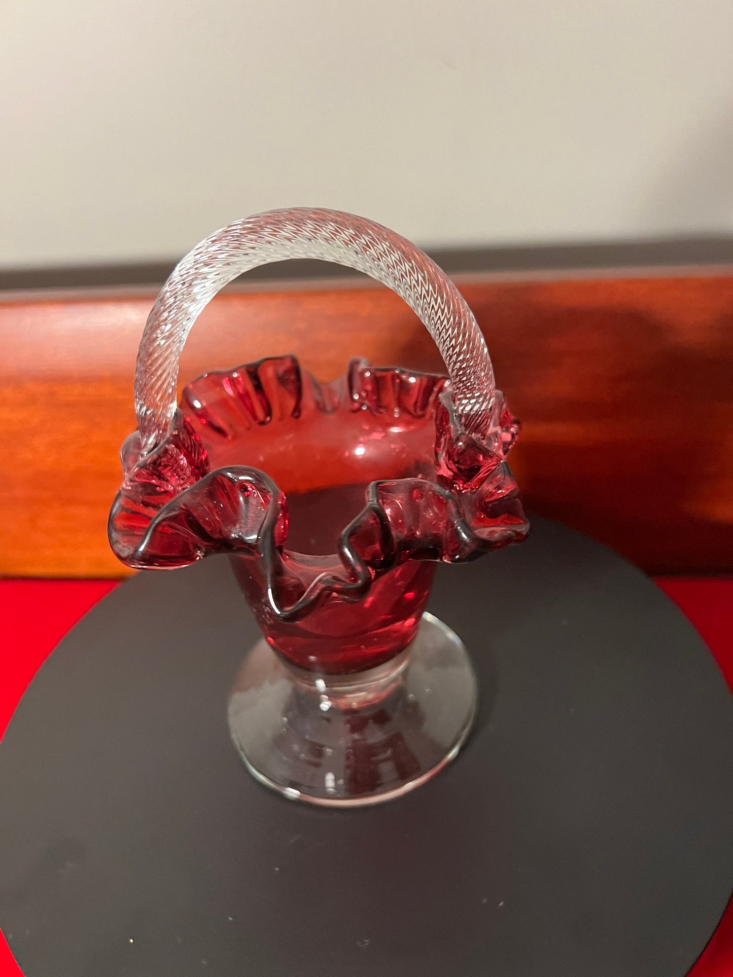 Vintage Fenton Cranberry Glass Ruffled Basket with Handle