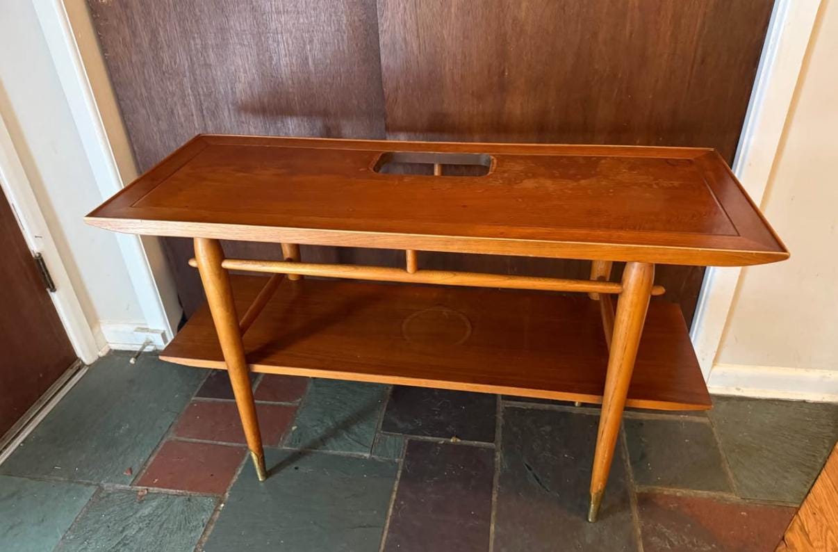 Lane Copenhagen Mid Century Modern Walnut Console Table, Tapered Legs with Brass Tips & a Cut Out, Lover Antiques and Vintage