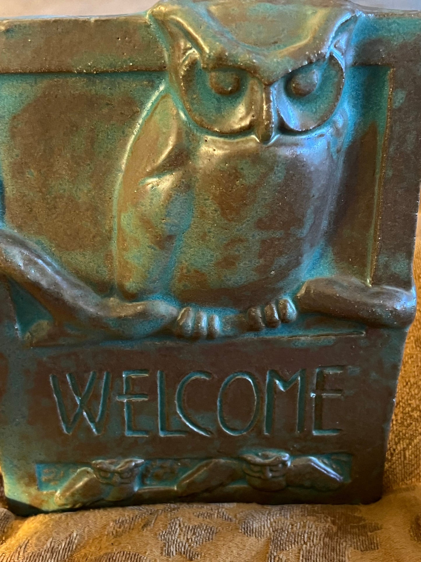 Owl Welcome Sign Tile by Janet Ontko, Clay Tile Owl Welcome Gift Handcrafted Owl Welcome Clay Tile Lover Antiques and Vintage