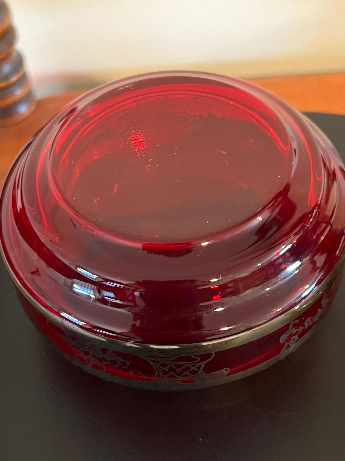 Vintage Ruby Red Glass Trinket Box: Bohemian Silver Gilding