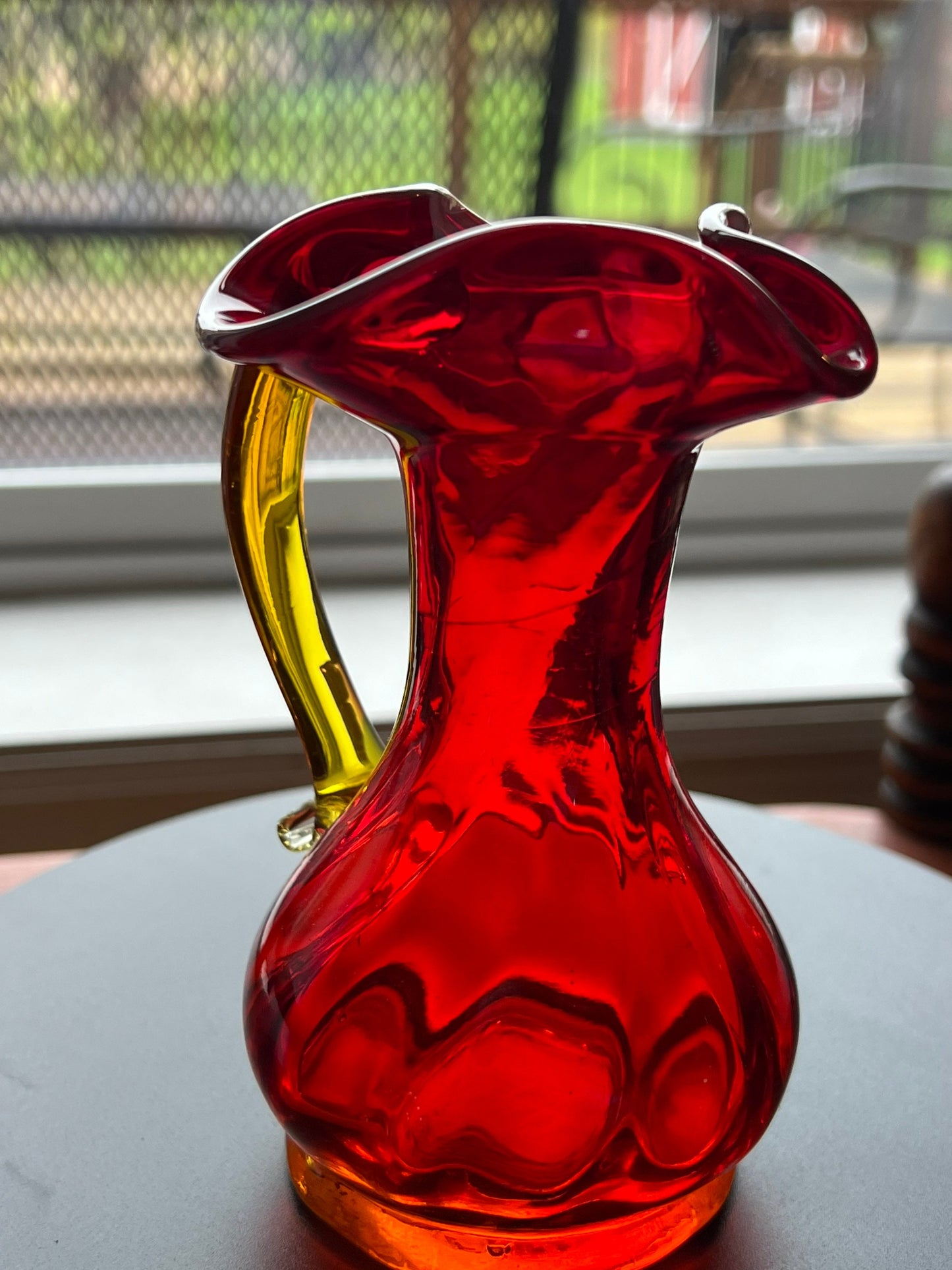 Vintage Kanawha Amberina Glass Pitcher: Red & Yellow Bud Vase, 5”