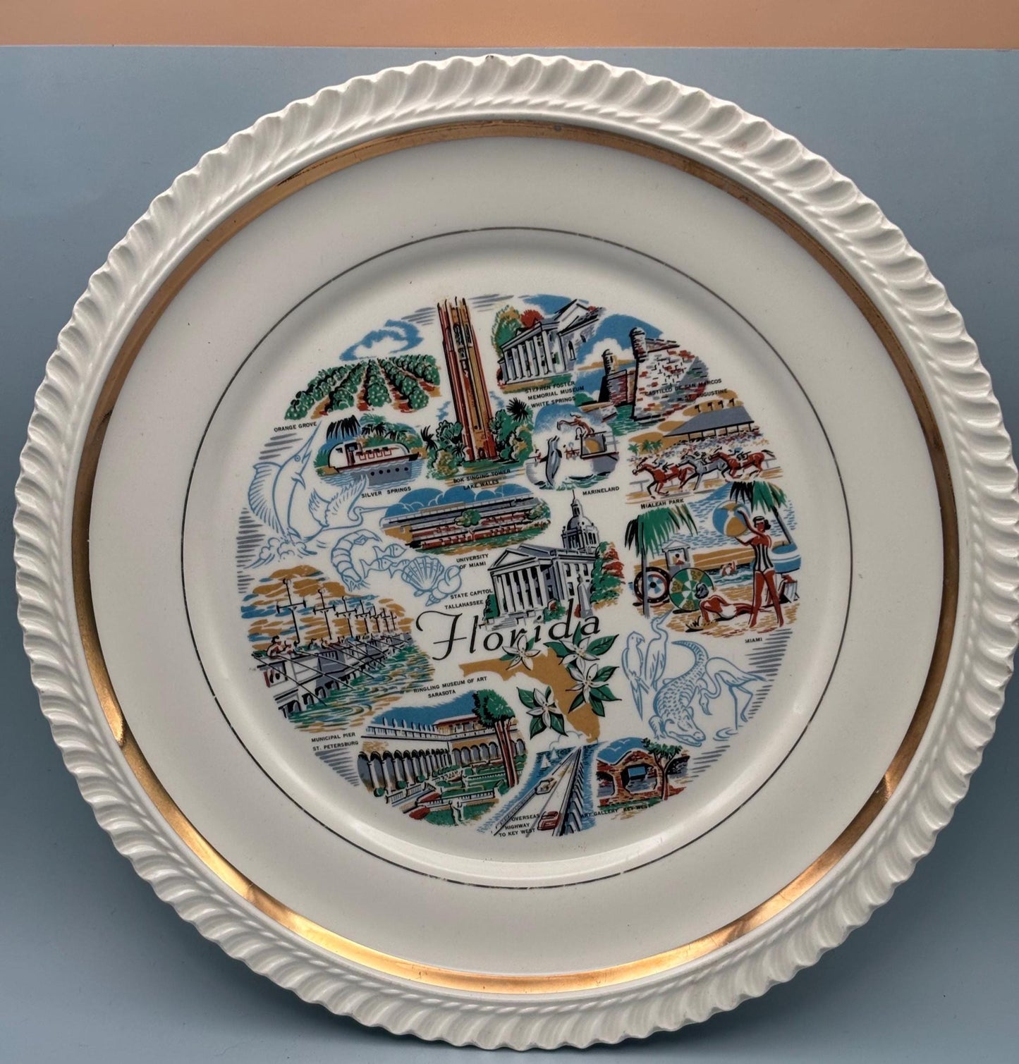 Florida Souvenir 10" Large Plate, Mid Century Florida Landmarks, Ruffled Gold Edge, Lover Antiques and Vintage