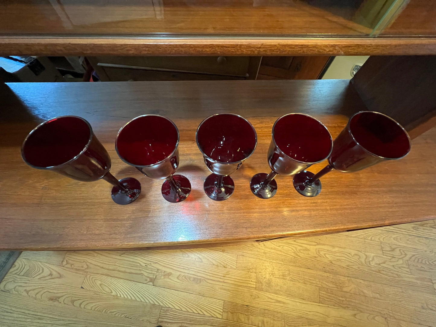 Vintage Ruby Red Art Glass Tall Wine Glasses - Set of 5