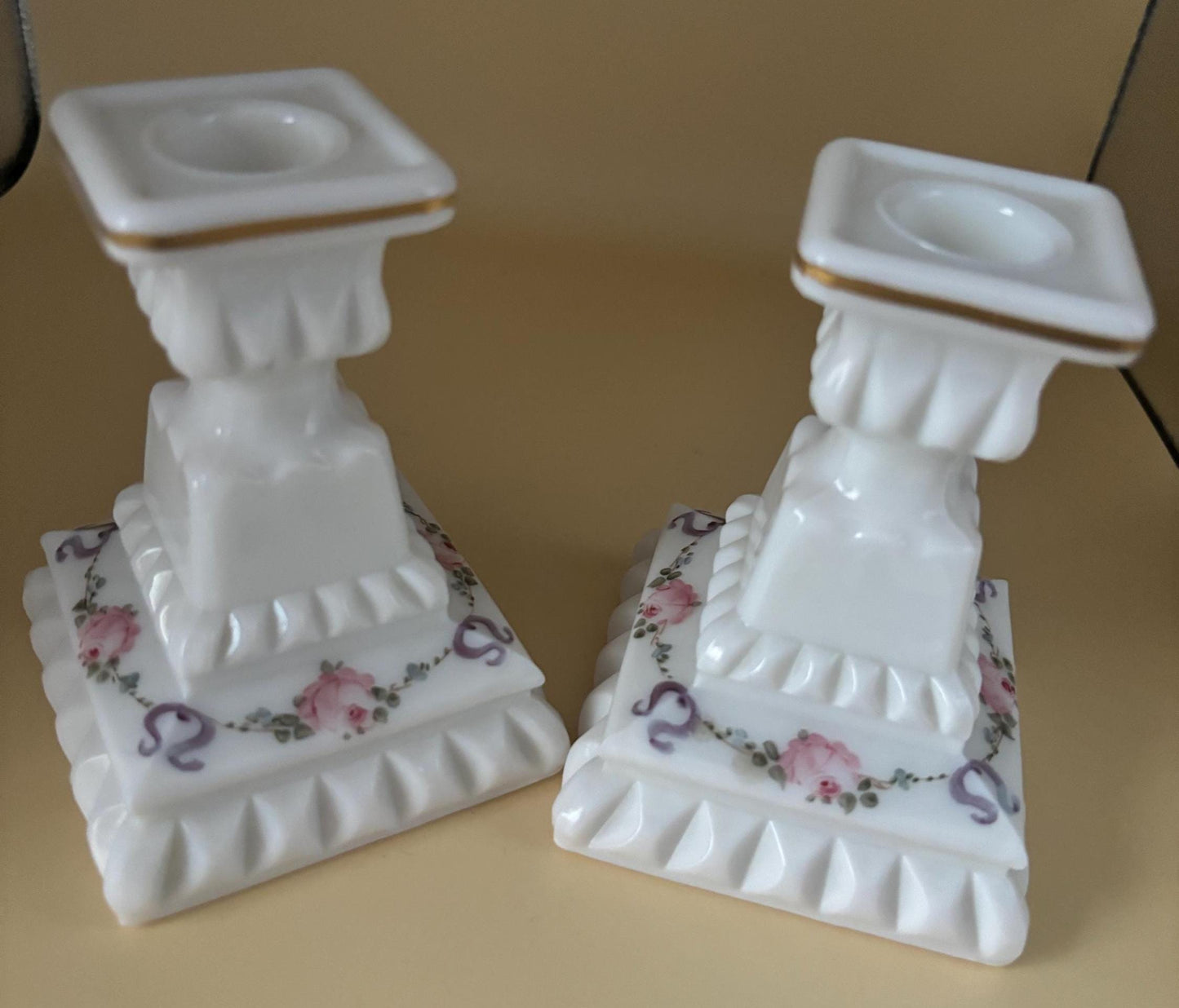 Vintage Westmoreland Hand Painted Charleton Hand Painted Roses Style Matching Milk Glass Candlesticks Lover Antiques and Vintage