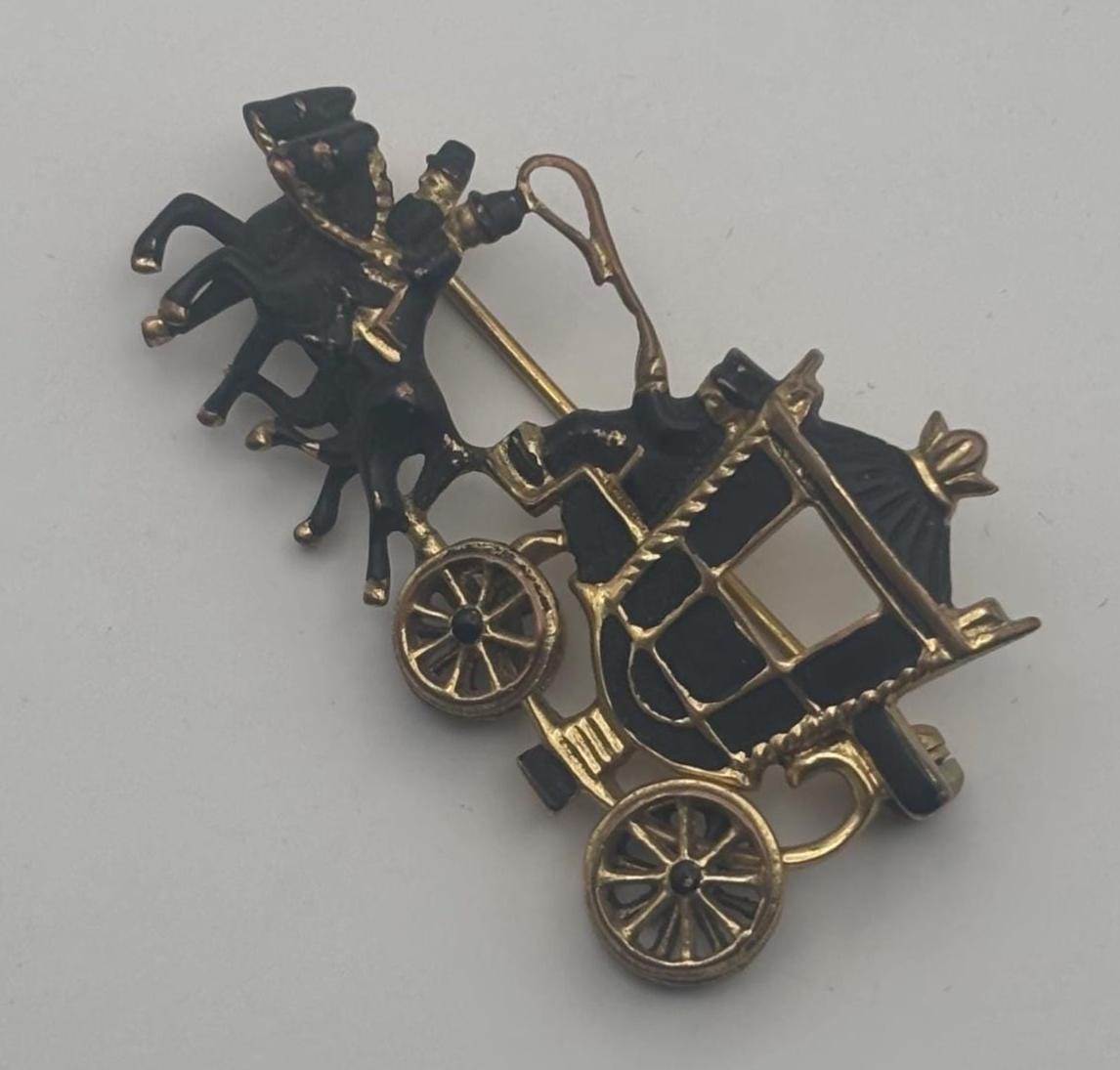 Vintage Carriage Stagecoach Horse Pin Black Enamel Gold Brooch Lover Antiques and Vintage