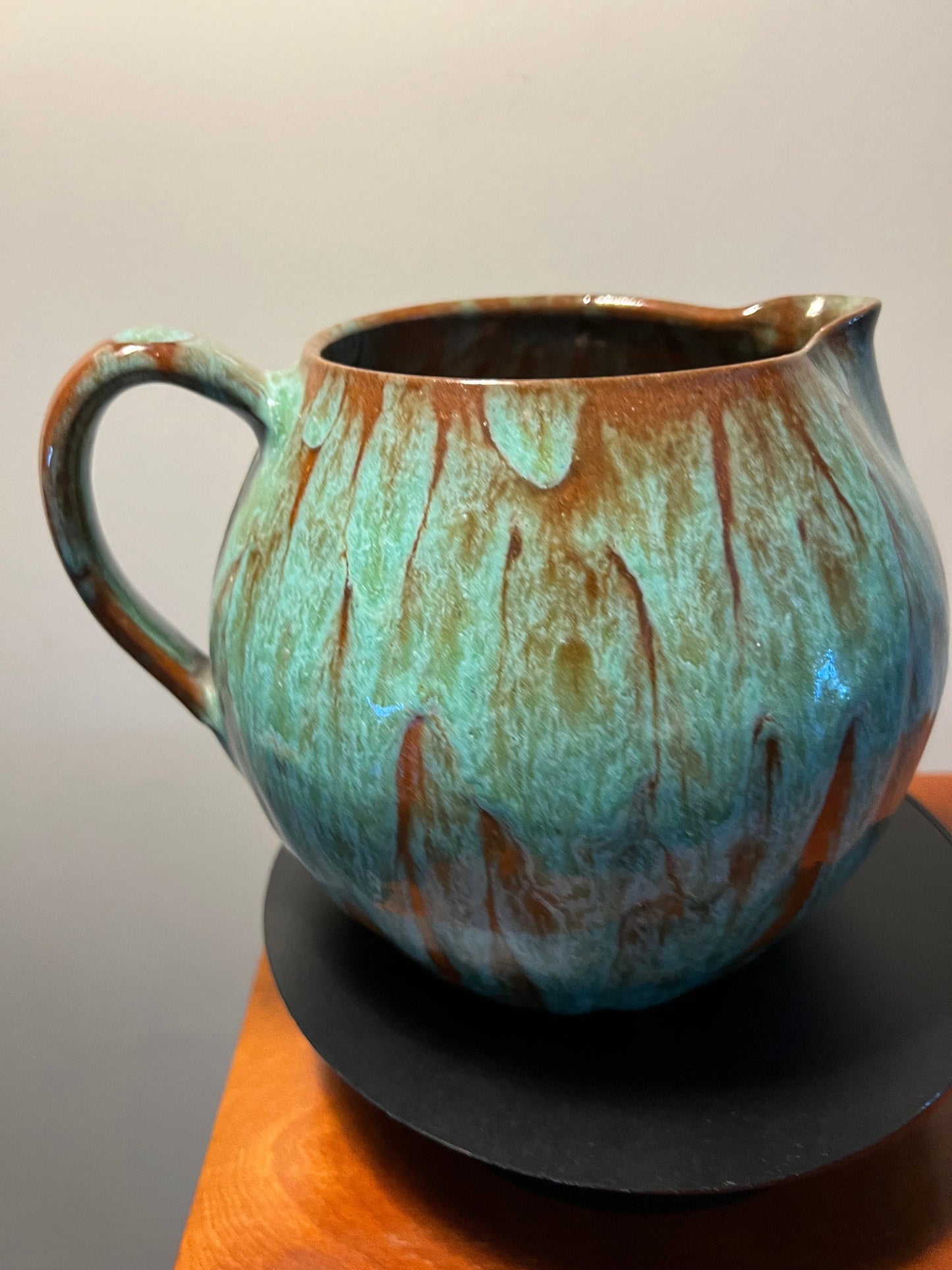 Vintage Hand Dripped Glazed Pottery Pitcher with Handle Green & Brown Rust Lover Antiques