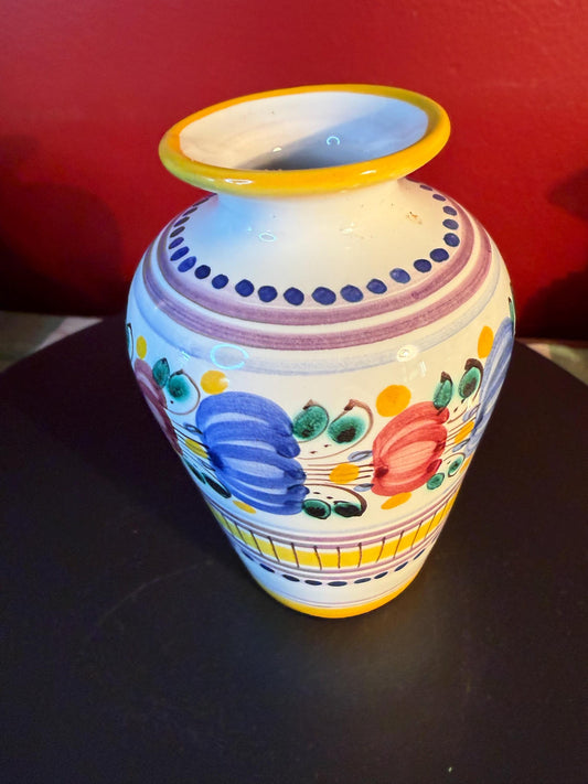 Vintage Modra Slovak Folk Art Mini Vase: Hand-Painted Majolika Pottery, 3 Inch Cream Yellow Blue
