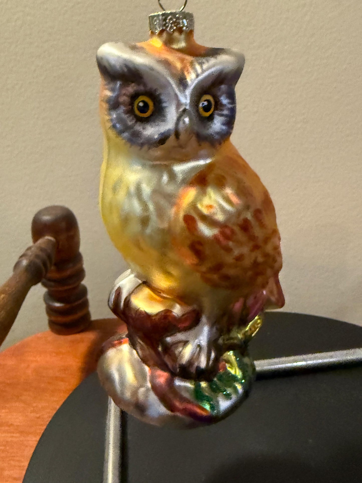 Vintage Owl on a Branch Perch Hand Blown Orange Owl Christmas Holiday Lover Antiques and Vintage