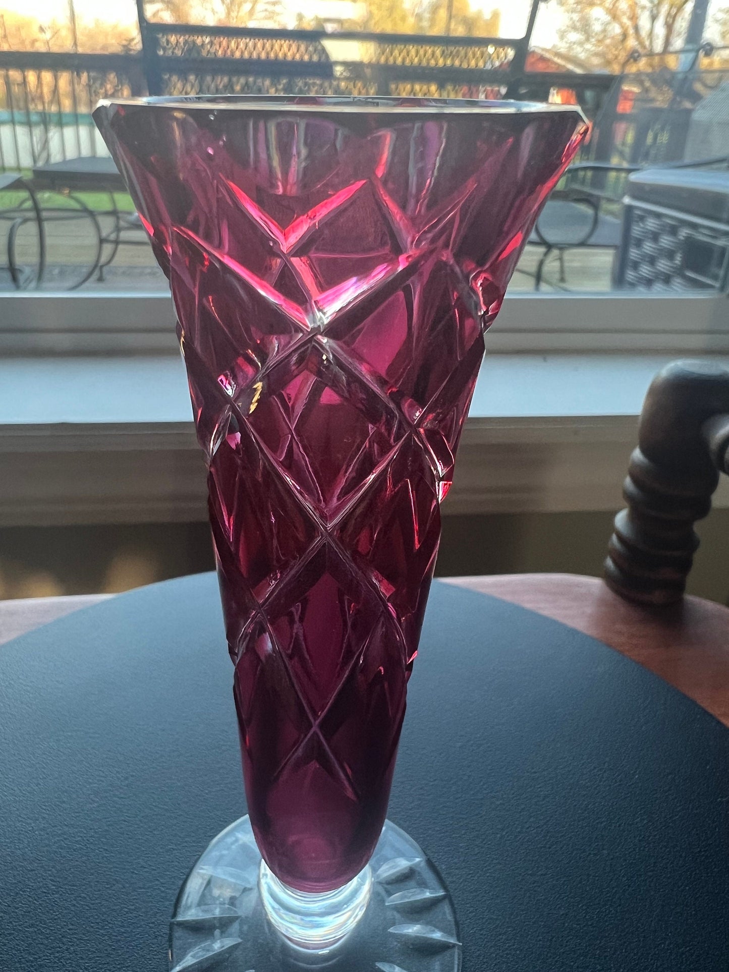 Vintage Ruby Red Cut to Clear Crystal Vase: Bohemian Czech Glass Art