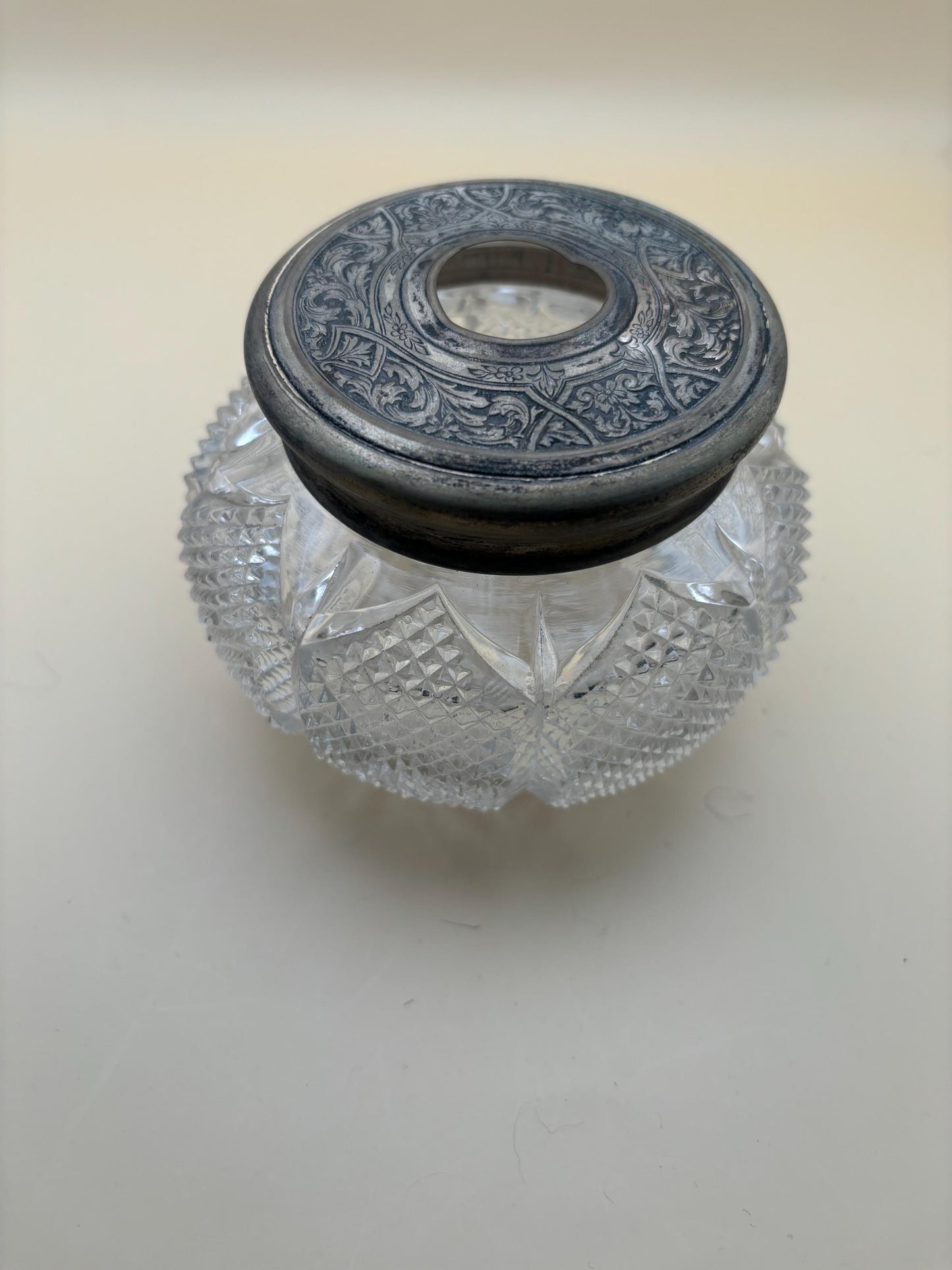 Antique Victorian Cut Crystal Hair Receiver Jar Sterling Silver Lid Lover Antiques and Vintage