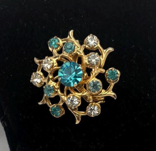 Vintage Coro Starburst Brooch With Blue and Clear Rhinestones, Signed Pin