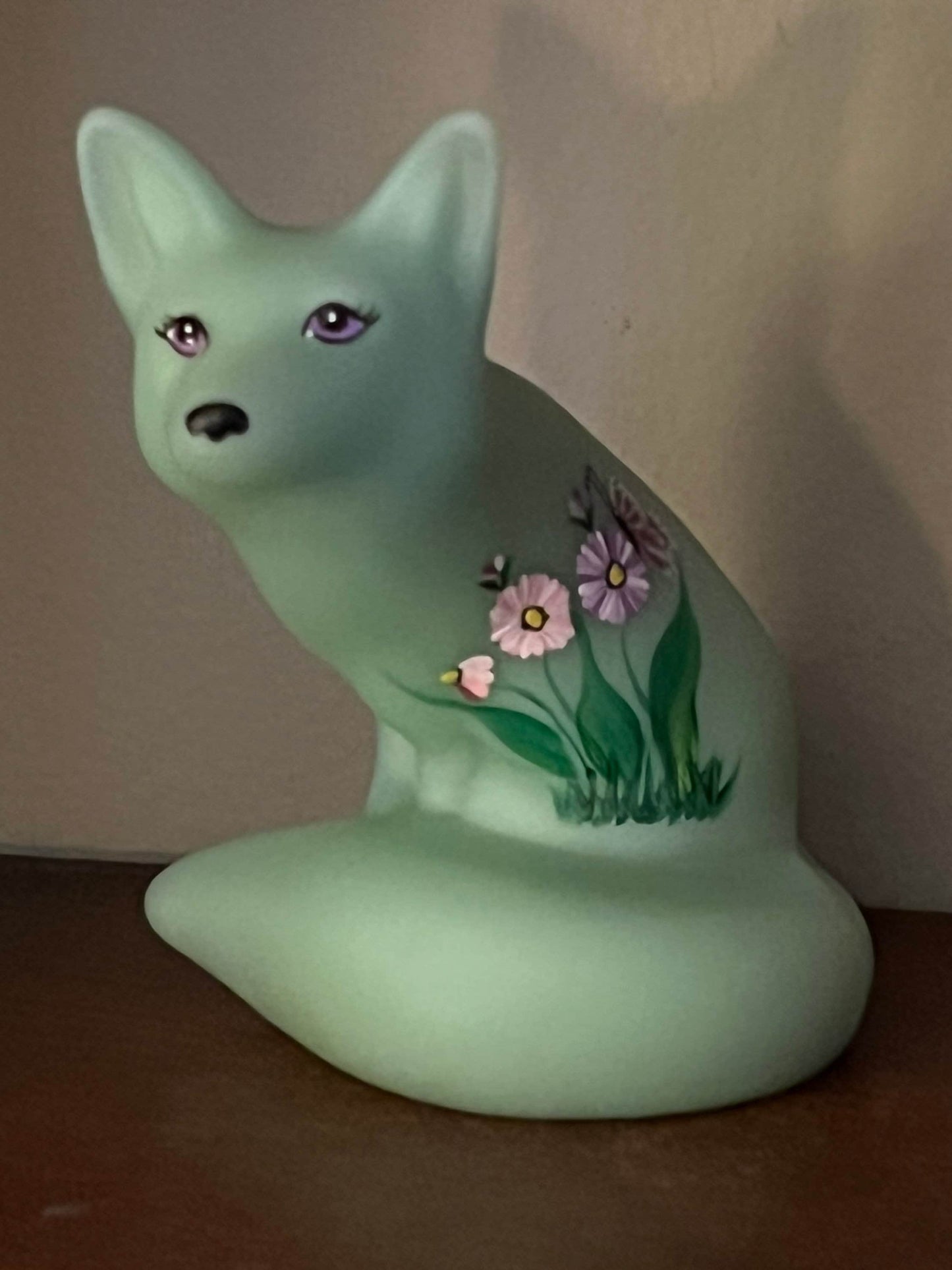Fenton Green Hand Painted Fox Signed Lisa Van Es Art Glass, Painted Glass Fox Lover Antiques and Vintage