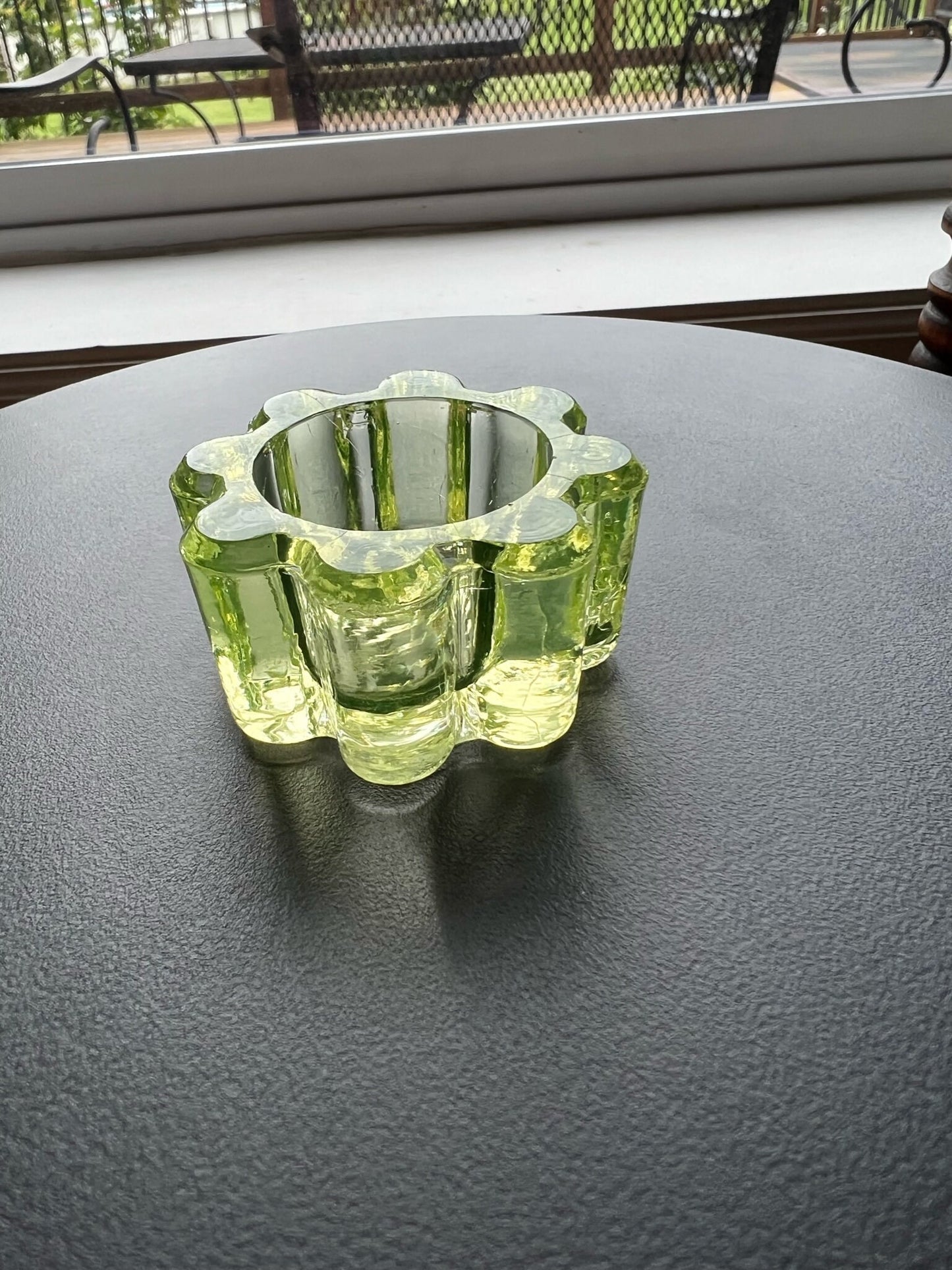 Vintage Uranium Glass Flower Salt Dish: Green Vaseline Glass
