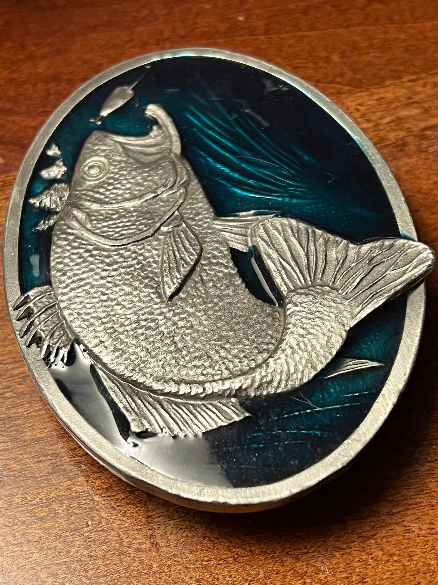 Vintage Fish Belt Buckle by Bergamot Brass Works, X-144 Enameled Green & Silver Fish Belt Buckle, Lover Antiques and Vintage