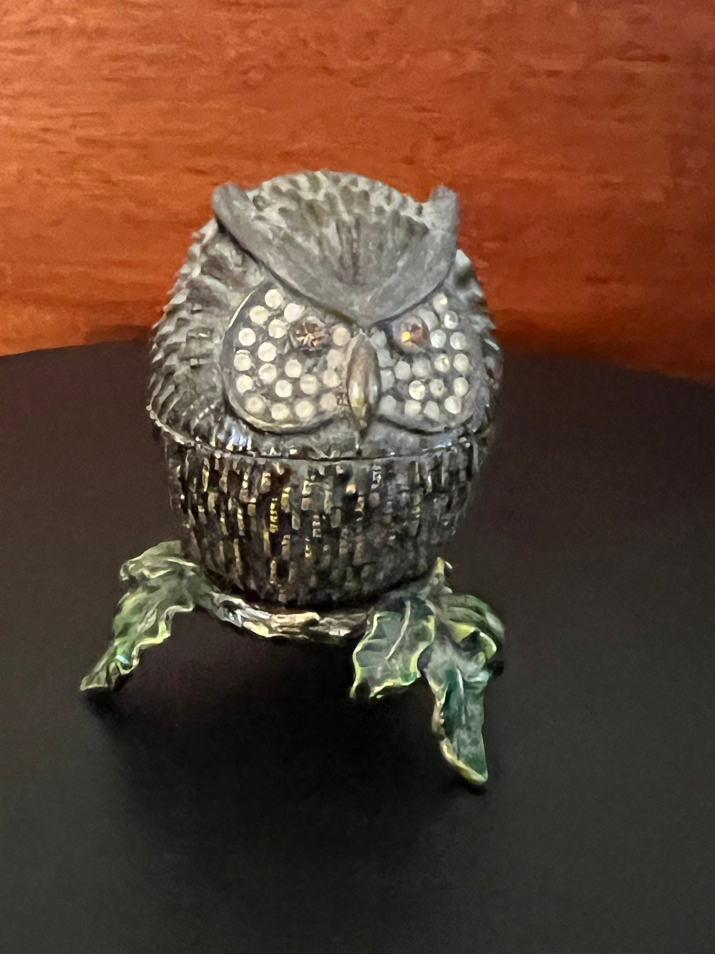 Vintage Owl Trinket Box: Jeweled Metal Owl on Leaf Stand