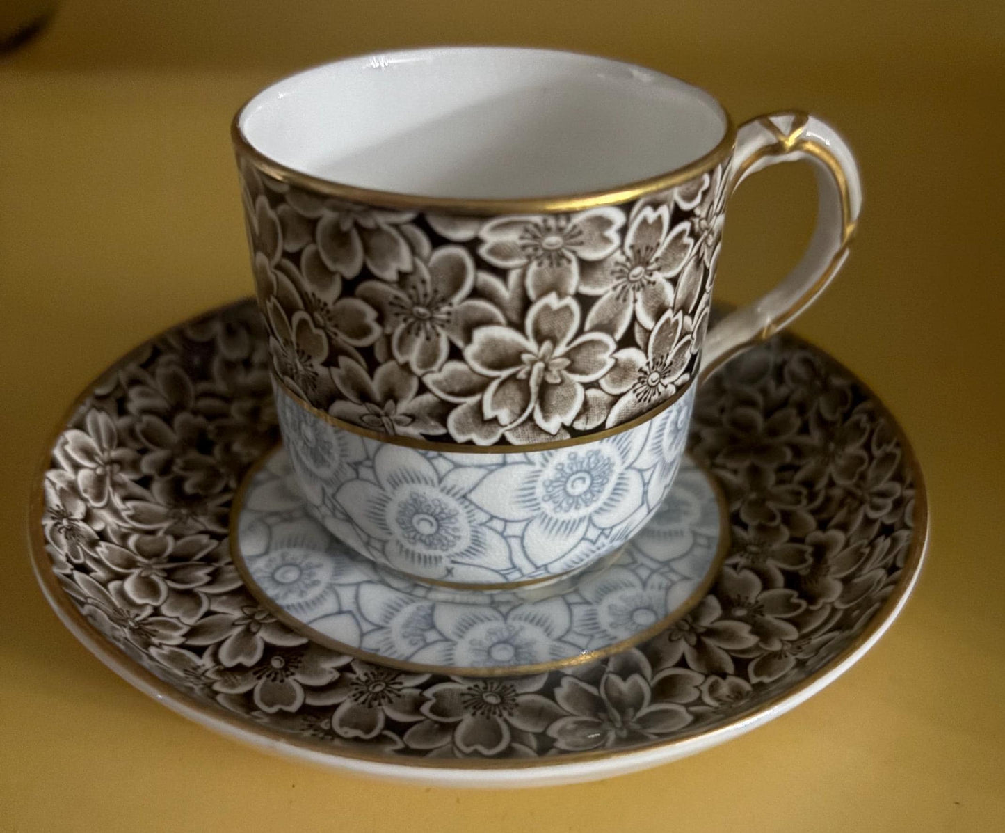 Vintage Royal Worcester Porcelain Tea Cup and Saucer with Gold Gilding Brown and Blue Flowers Lover Antiques and Vintage