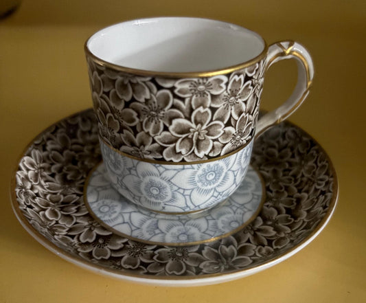 Vintage Royal Worcester Porcelain Tea Cup and Saucer with Gold Gilding Brown and Blue Flowers Lover Antiques and Vintage