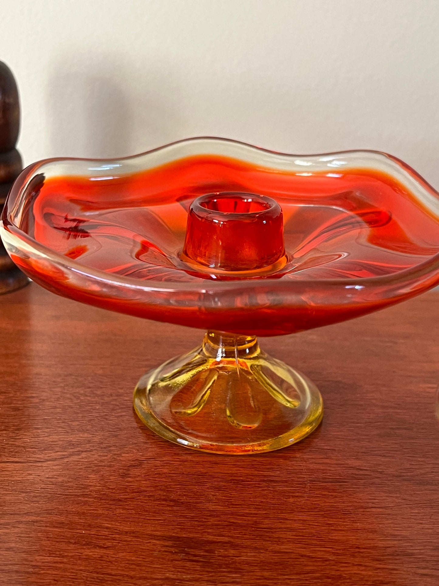Vintage Viking Persimmon 6 Petal Amberina Pair of Candle Holders Pedestal Candlestick Holders Dish Lover Antiques and Vintage